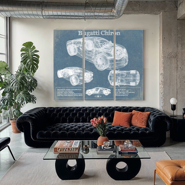 Bugatti Chiron Blueprint Art Print as a 3 panel canvas wrap in a modern living room