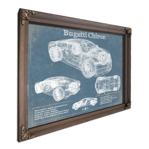 Bugatti Chiron Blueprint Art Print in a Bourbon stained wood frame with antique gold corners