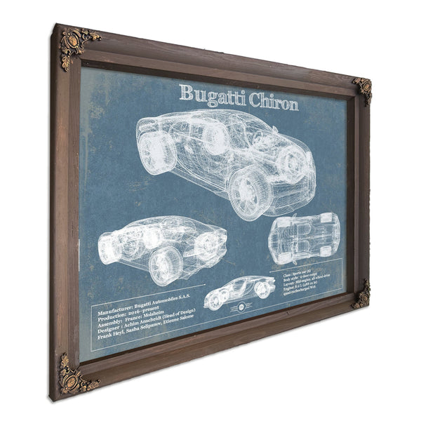 Bugatti Chiron Blueprint Art Print in a Bourbon stained wood frame with antique gold corners