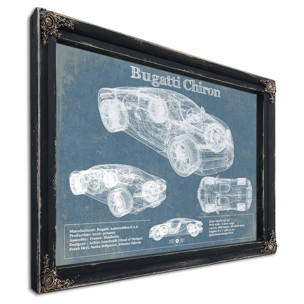 Bugatti Chiron Blueprint Art Print in a distressed Vintage Black wood frame with ornate corners