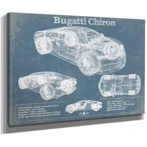 Bugatti Chiron Blueprint Art Print as a stretched canvas wrap with gallery wrapped edges