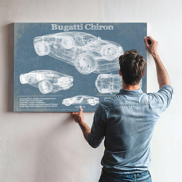 Bugatti Chiron Blueprint Art Print framed in Vintage Black above a mid-century record console