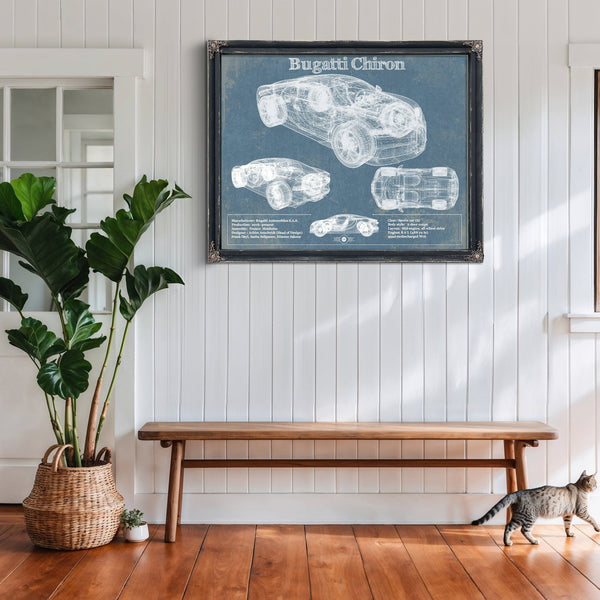 Bugatti Chiron Blueprint Art Print framed in Vintage Black above a rustic console table