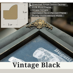 Vintage Black frame corner detail, 1.5 inch ornate wood moulding, Bugatti Chiron Blueprint Art Print