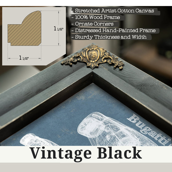 Vintage Black frame corner detail, 1.5 inch ornate wood moulding, Bugatti Chiron Blueprint Art Print