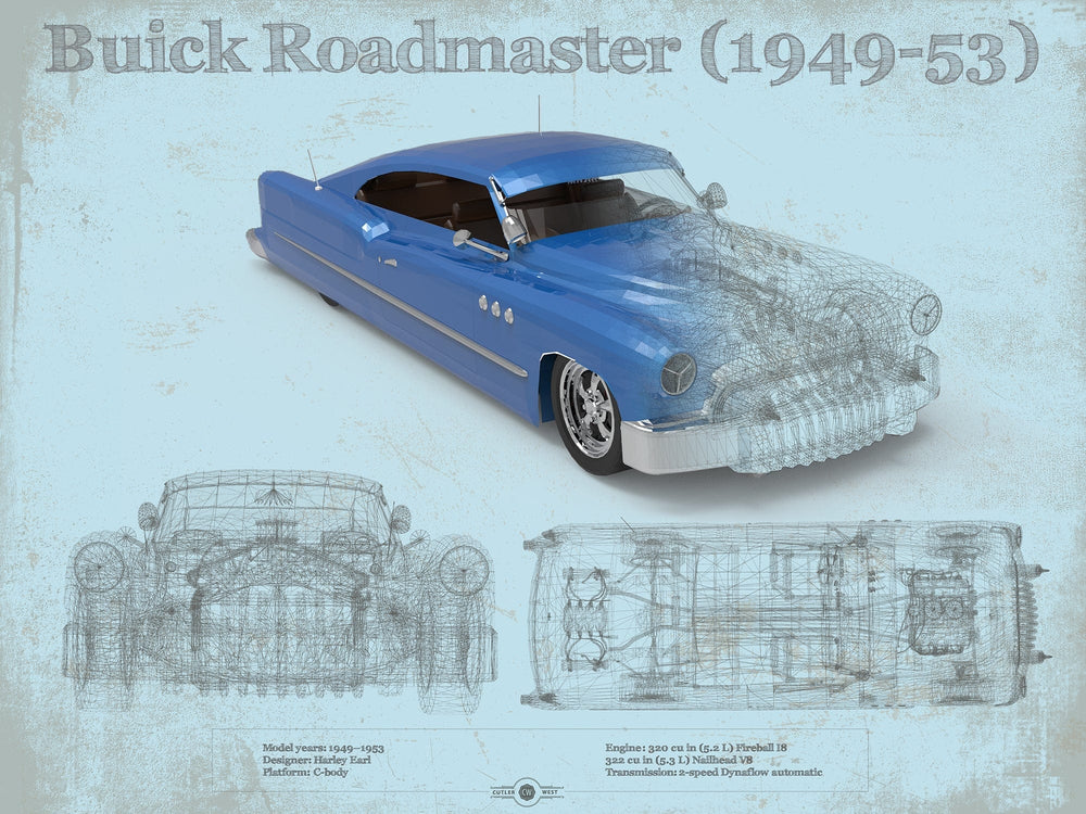 14" x 11" / Stretched Canvas Wrap Cutler West Buick Roadmaster 49-53 Sports Car Blueprint Patent Original Art