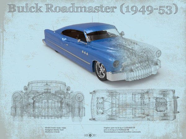 14" x 11" / Unframed Cutler West Buick Roadmaster 49-53 Sports Car Blueprint Patent Original Art