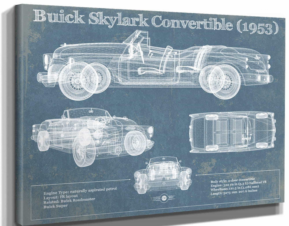 14" x 11" / Stretched Canvas Wrap Cutler West Buick Skylark Convertible (1953) Vintage Blueprint Auto Print