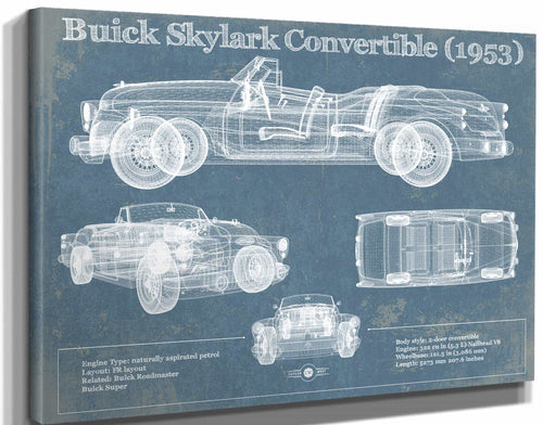 14" x 11" / Stretched Canvas Wrap Cutler West Buick Skylark Convertible (1953) Vintage Blueprint Auto Print
