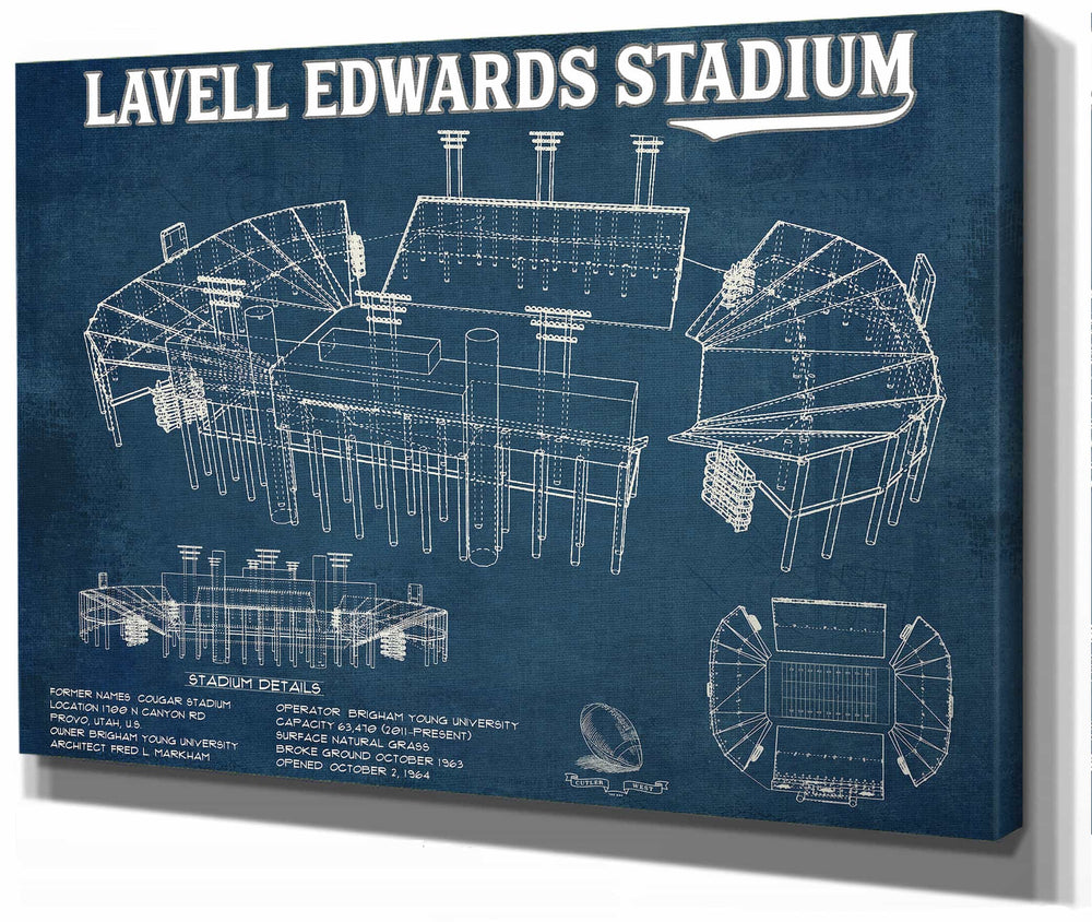 14" x 11" / Stretched Canvas Wrap Cutler West BYU Cougars Stadium Art - Lavell Edwards Vintage Stadium & Blueprint Art Print