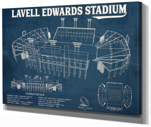 14" x 11" / Stretched Canvas Wrap Cutler West BYU Cougars Stadium Art - Lavell Edwards Vintage Stadium & Blueprint Art Print