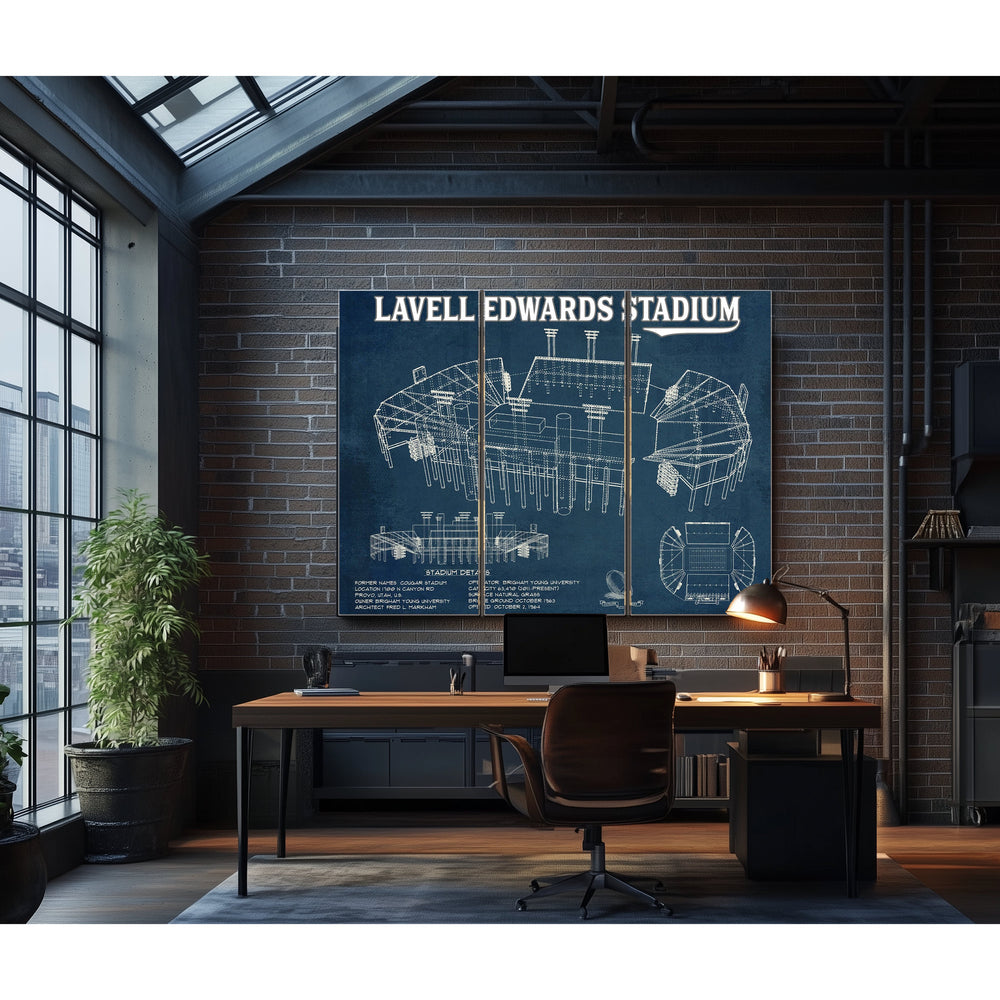 BYU Cougars Stadium Art - Lavell Edwards Stadium & Print in a distressed Vintage Black wood frame with ornate corners