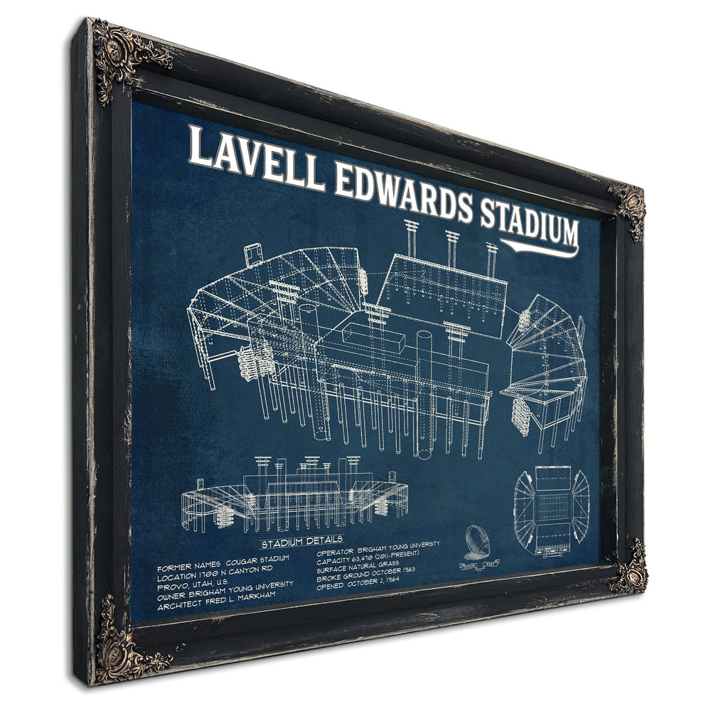BYU Cougars Stadium Art - Lavell Edwards Stadium & Print in a distressed Vintage Black wood frame with ornate corners