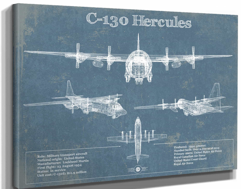 14" x 11" / Stretched Canvas Wrap Cutler West C-130 Hercules Aviation Blueprint Military Print - Custom Name and Squadron Text