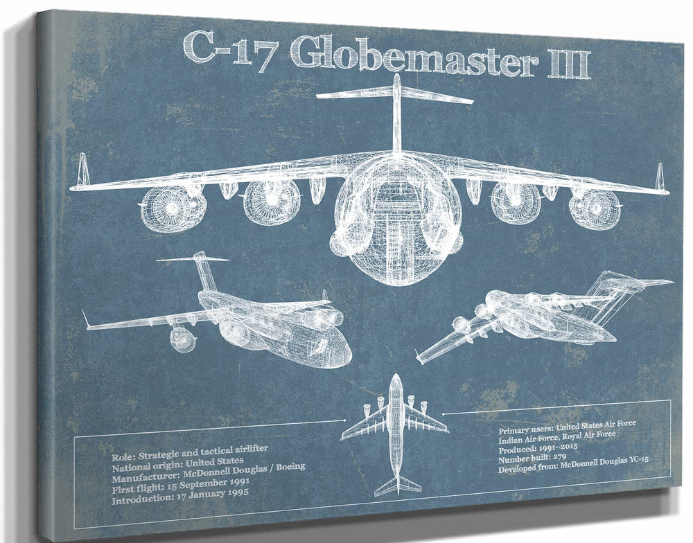 14" x 11" / Stretched Canvas Wrap Cutler West C-17 Globemaster III USAF Vintage Aviation Blueprint Retirement Gift