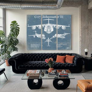 C-17 Globemaster III USAF Aviation Blueprint Retirement Gift Print as a 3 panel canvas wrap in a modern living room