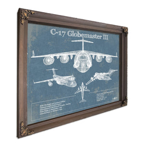 C-17 Globemaster III USAF Aviation Blueprint Retirement Gift Print in a Bourbon stained wood frame with antique gold corners