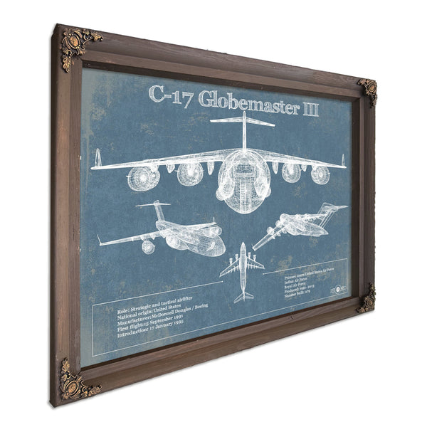 C-17 Globemaster III USAF Aviation Blueprint Retirement Gift Print in a Bourbon stained wood frame with antique gold corners