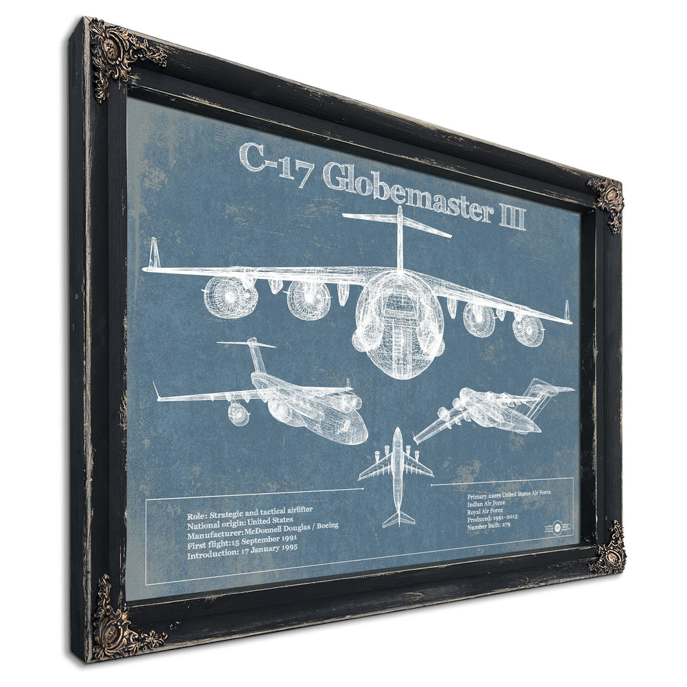 C-17 Globemaster III USAF Aviation Blueprint Retirement Gift Pr in a distressed Vintage Black wood frame with ornate corners…