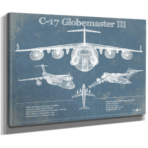 C-17 Globemaster III USAF Aviation Blueprint Retirement Gift Print as a stretched canvas wrap with gallery wrapped edges