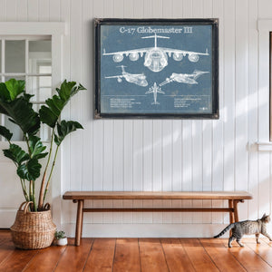 C-17 Globemaster III USAF Aviation Blueprint Retirement Gift Print framed in Vintage Black above a rustic console table