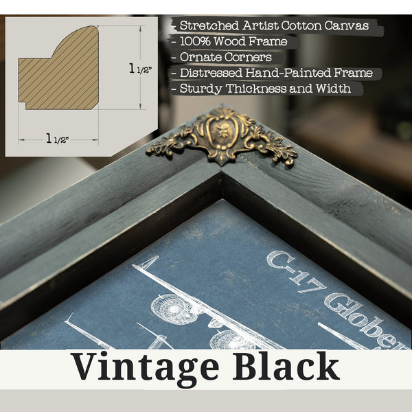Vintage Black frame corner detail, 1.5 inch ornate wood moulding, C-17 Globemaster III USAF Aviation Blueprint Retirement Gi…