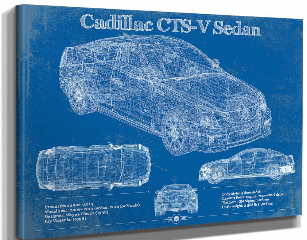 14" x 11" / Stretched Canvas Wrap Cutler West Cadillac CTS-V Sedan Blueprint Vintage Auto Print