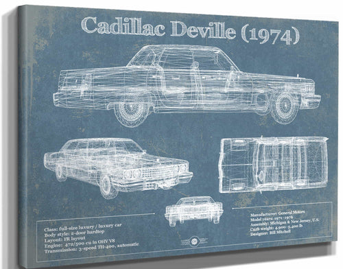 14" x 11" / Stretched Canvas Wrap Cutler West Cadillac DeVille 1974 Vintage Blueprint Auto Print