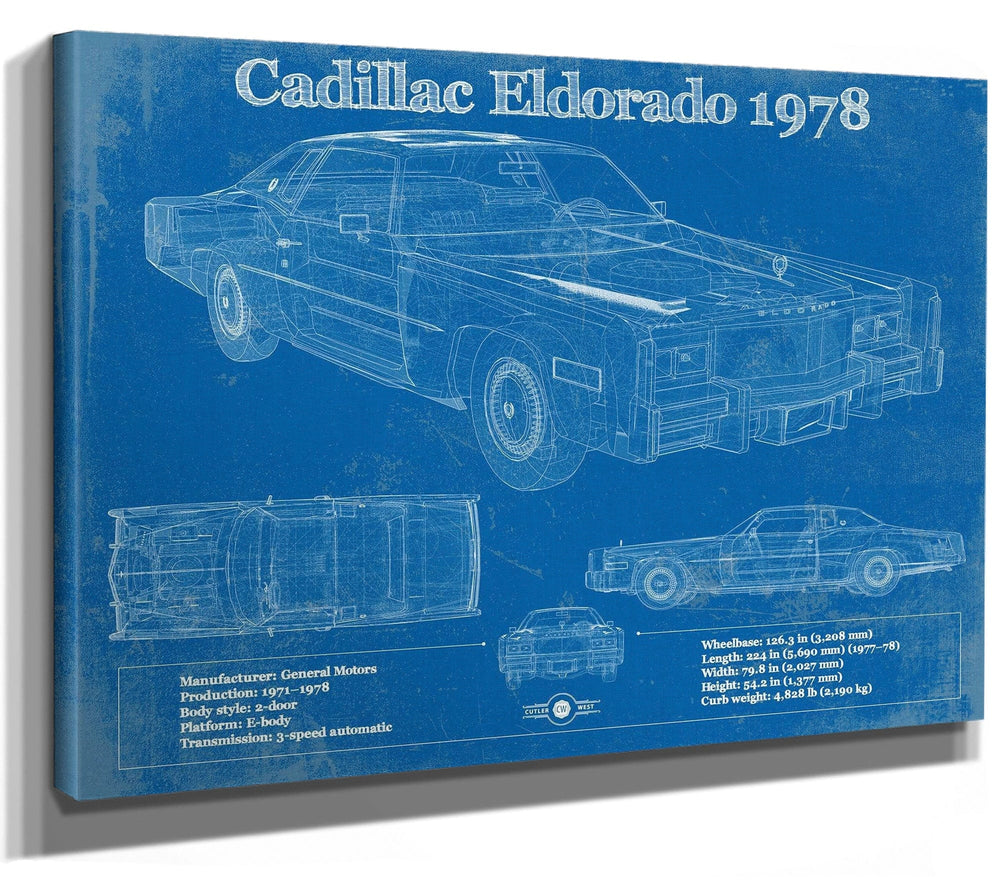 14" x 11" / Stretched Canvas Wrap Cutler West Cadillac Eldorado 1978 Vintage Blueprint Auto Print