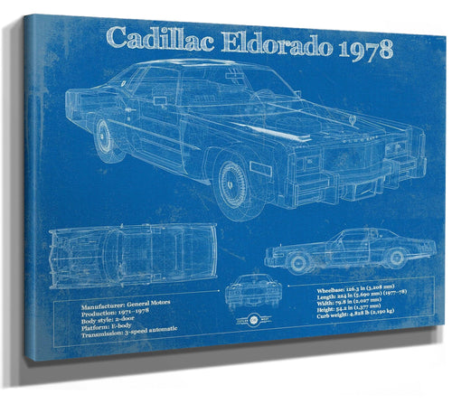 14" x 11" / Stretched Canvas Wrap Cutler West Cadillac Eldorado 1978 Vintage Blueprint Auto Print