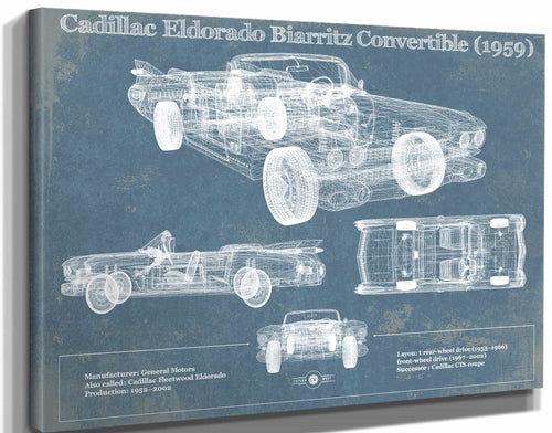 14" x 11" / Stretched Canvas Wrap Cutler West Cadillac Eldorado Biarritz Convertible (1959) Vintage Blueprint Auto Print