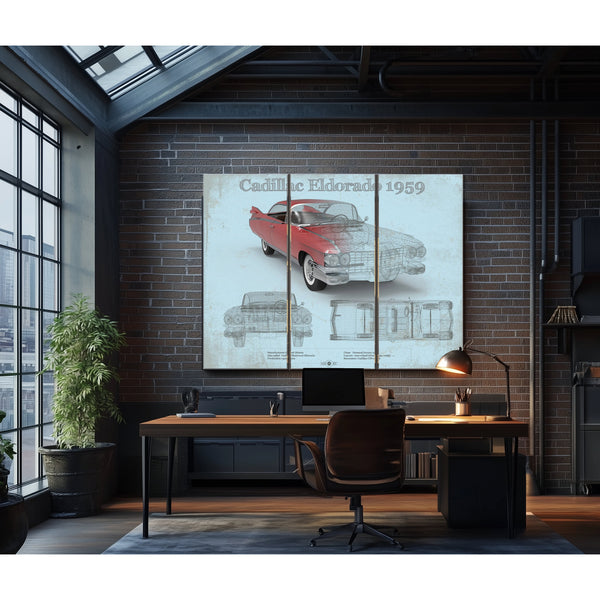 1959 Cadillac Eldorado Hardtop Print as a 3 panel canvas wrap in an industrial loft office