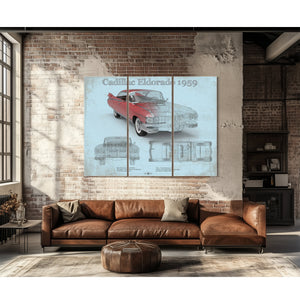1959 Cadillac Eldorado Hardtop Print as a 3 panel canvas wrap above a leather sofa