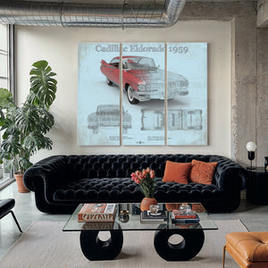 1959 Cadillac Eldorado Hardtop Print as a 3 panel canvas wrap in a modern living room