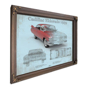 1959 Cadillac Eldorado Hardtop Print in a Bourbon stained wood frame with antique gold corners