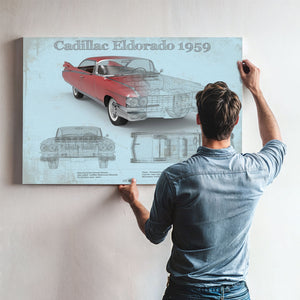 1959 Cadillac Eldorado Hardtop Print framed in Vintage Black above a mid-century record console