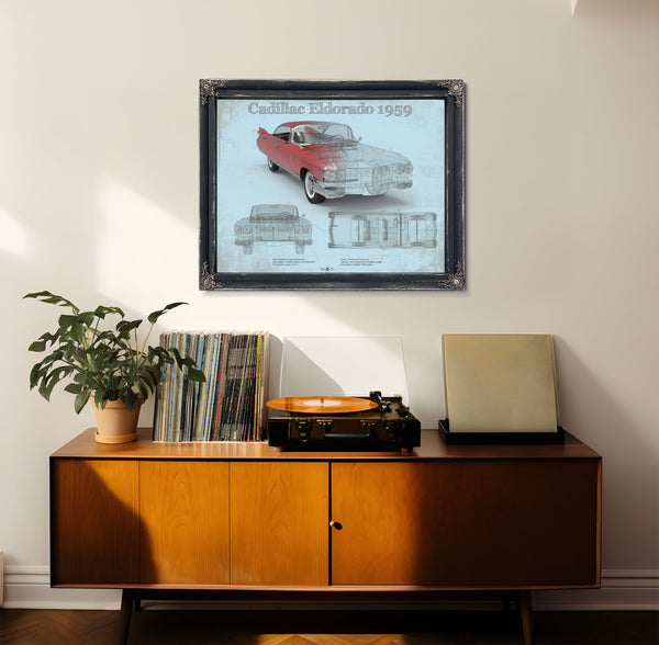 1959 Cadillac Eldorado Hardtop Print framed in Vintage Black in a loft bedroom
