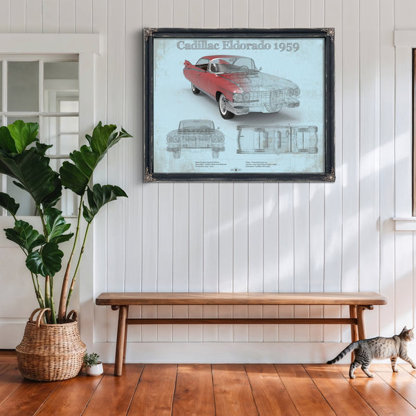 1959 Cadillac Eldorado Hardtop Print framed in Vintage Black above a rustic console table