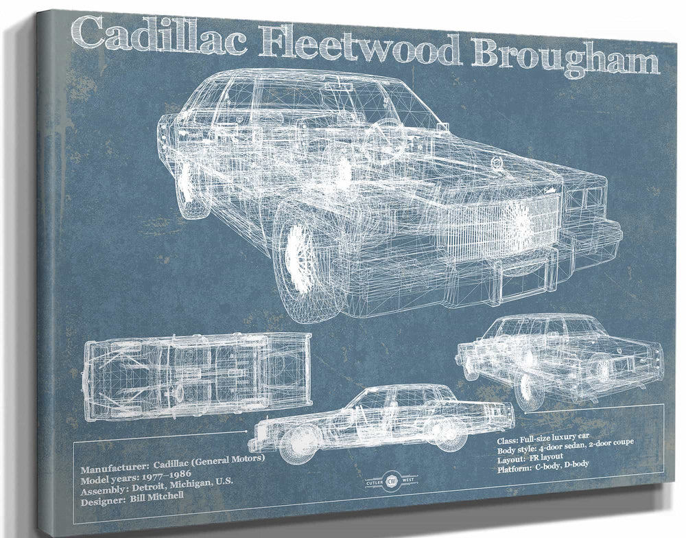 14" x 11" / Stretched Canvas Wrap Cutler West Cadillac Fleetwood Brougham Blueprint Vintage Auto Print