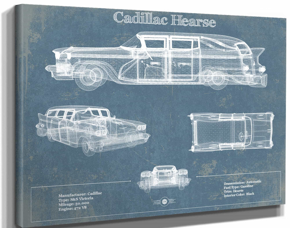 14" x 11" / Stretched Canvas Wrap Cutler West Cadillac Hearse Vintage Blueprint Auto Print