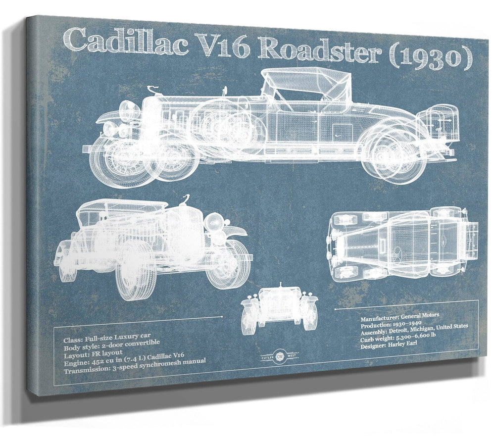 14" x 11" / Stretched Canvas Wrap Cutler West Cadillac V16 Roadster (1930) Vintage Blueprint Auto Print