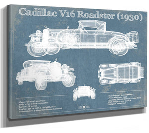 14" x 11" / Stretched Canvas Wrap Cutler West Cadillac V16 Roadster (1930) Vintage Blueprint Auto Print