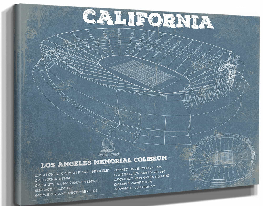 14" x 11" / Stretched Canvas Wrap Cutler West California Memorial Stadium Art - University of California Bears Vintage Stadium & Blueprint Art Print