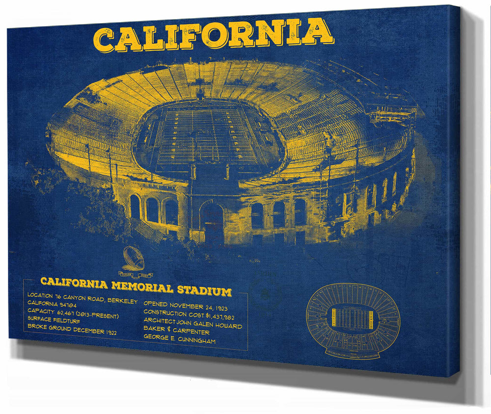 14" x 11" / Stretched Canvas Wrap Cutler West California Memorial Stadium Poster - University of California Bears Vintage Stadium & Blueprint Art Print