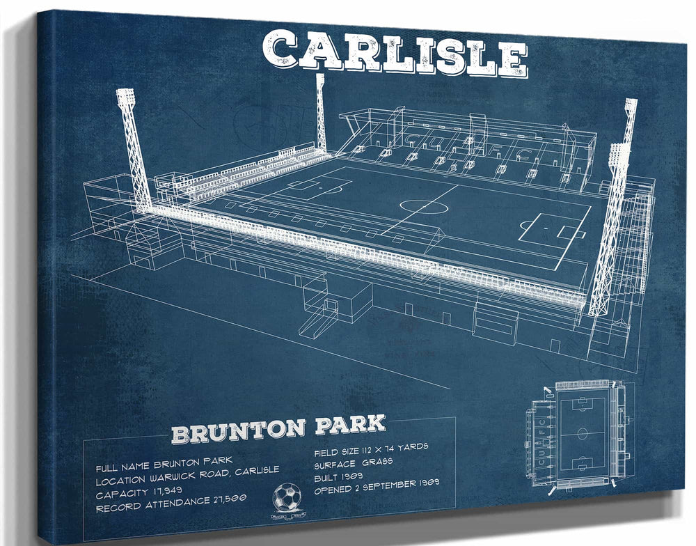 14" x 11" / Stretched Canvas Wrap Cutler West Carlisle United F.C. Brunton Park Blueprint Vintage Soccer Print