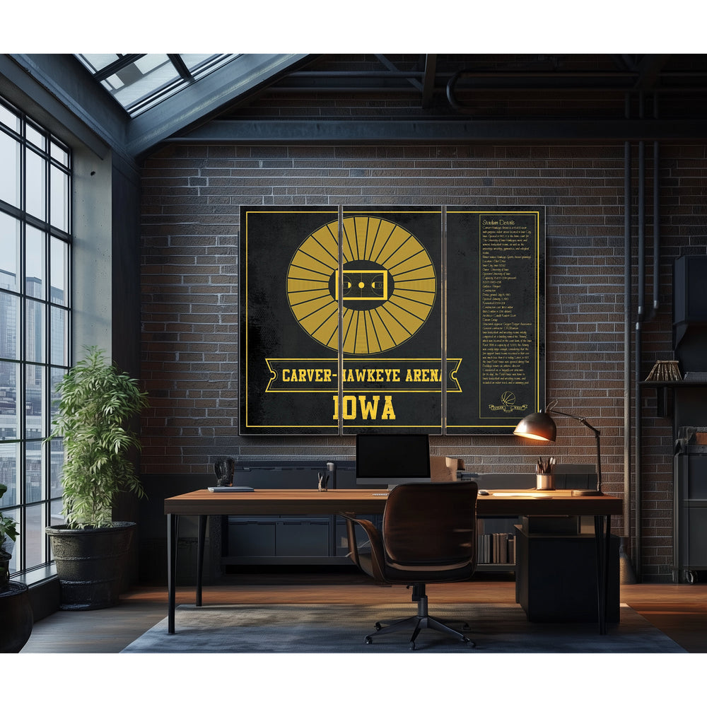 Carver–Hawkeye Arena Iowa Men's And Women's Print in a distressed Vintage Black wood frame with ornate corners