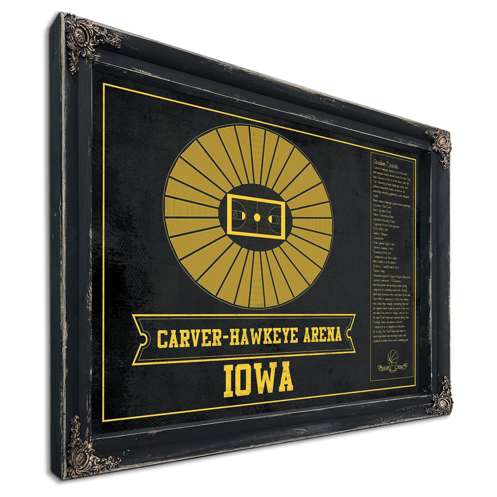 Carver–Hawkeye Arena Iowa Men's And Women's Print in a distressed Vintage Black wood frame with ornate corners