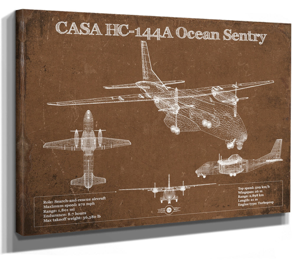 14" x 11" / Stretched Canvas Wrap Cutler West CASA HC-144A Ocean Sentry Vintage Aviation Blueprint Print - Custom Pilot Name Can Be Added