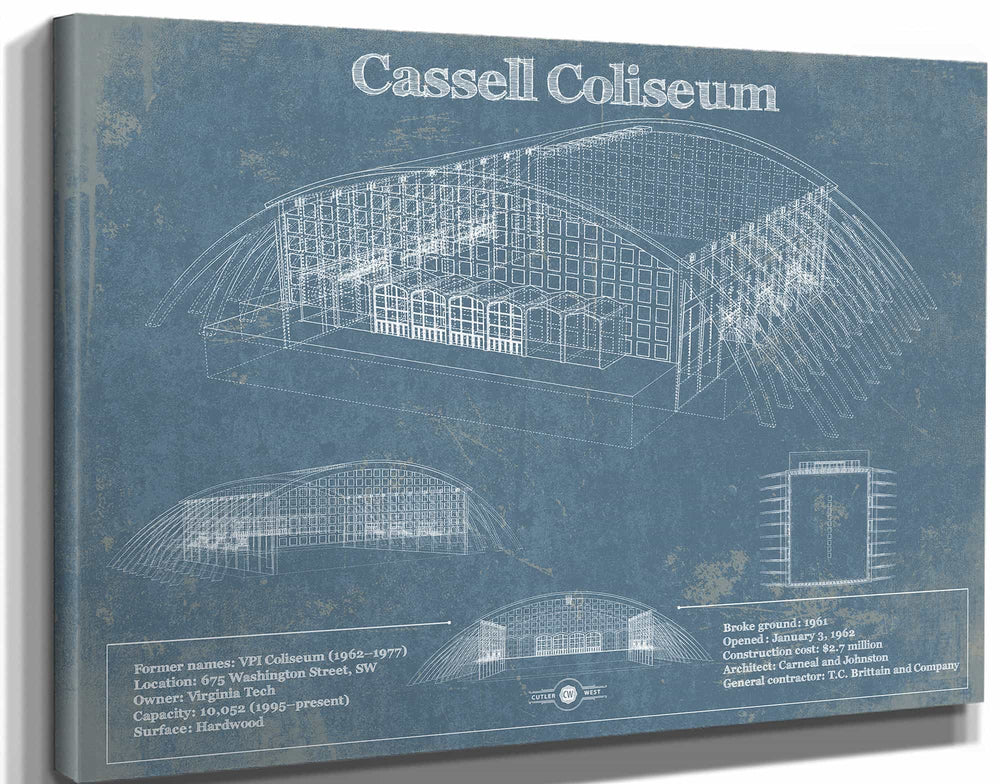 14" x 11" / Stretched Canvas Wrap Cutler West Cassell Coliseum Stadium Blueprint Vintage Print