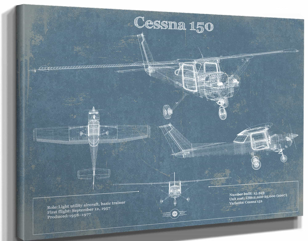 14" x 11" / Stretched Canvas Wrap Cutler West Cessna 150 Original Blueprint Art